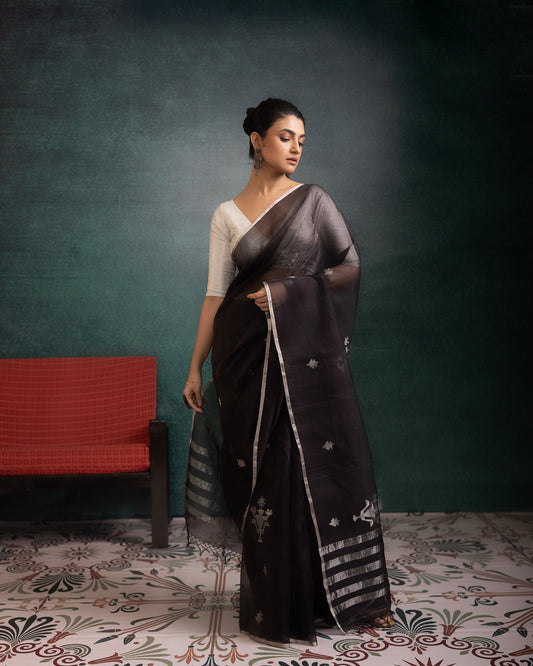 Black Pure Organza Jamdani Handloom Saree