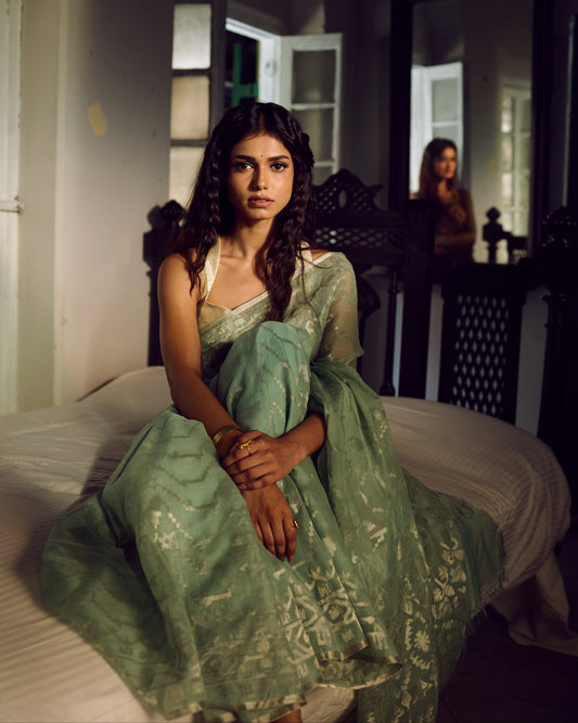 Blue Pure Organza Silk Traditional Jamdani Saree