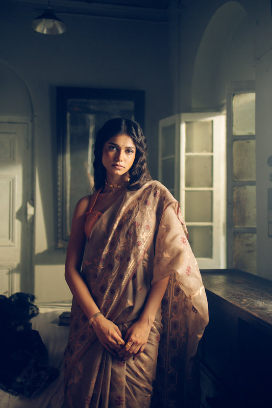 Beige Pure Organza Traditional Jamdani Saree