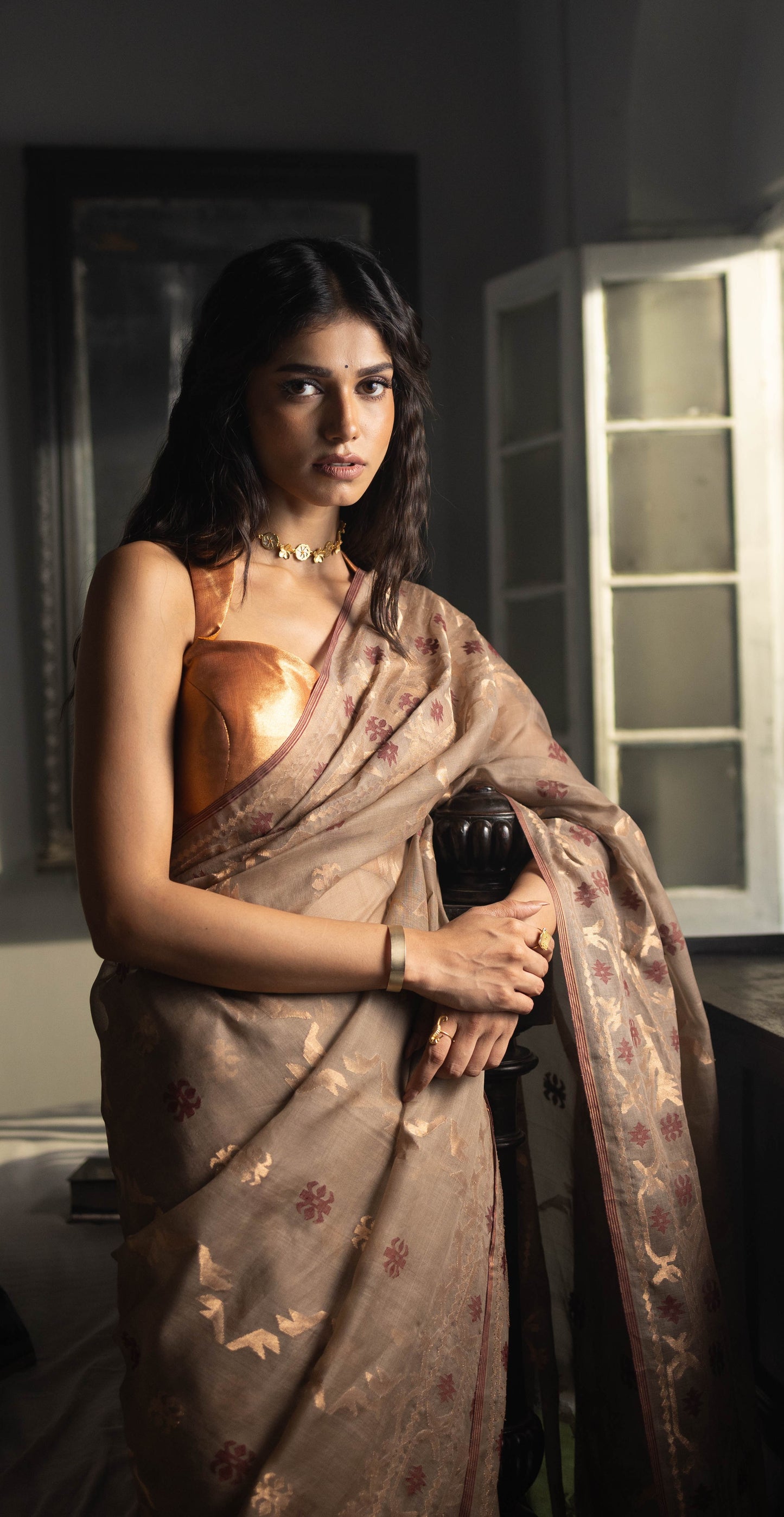 Beige Pure Organza Traditional Jamdani Saree