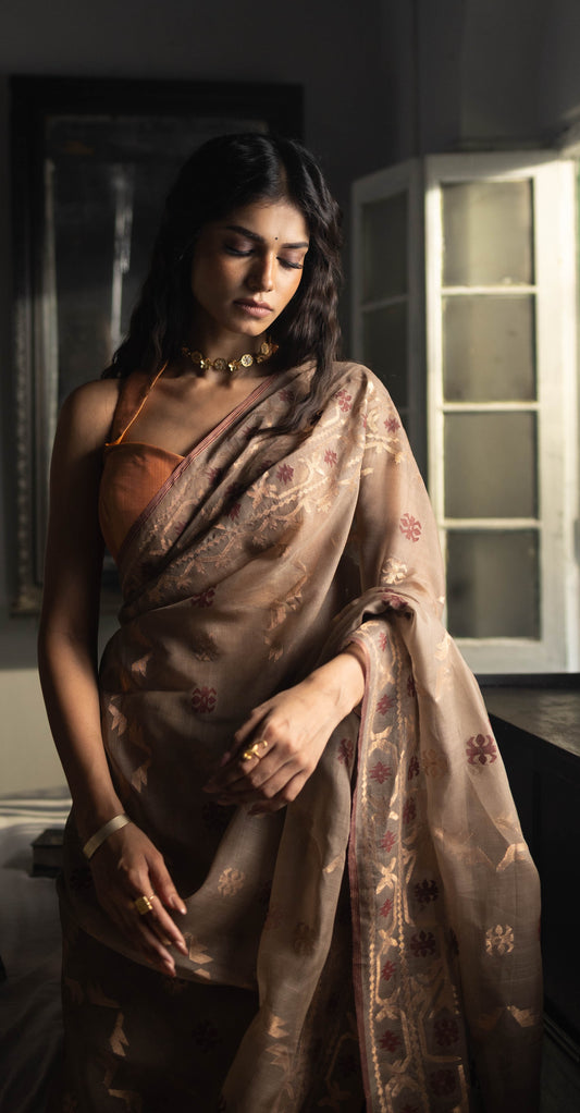 Beige Pure Organza Traditional Jamdani Saree