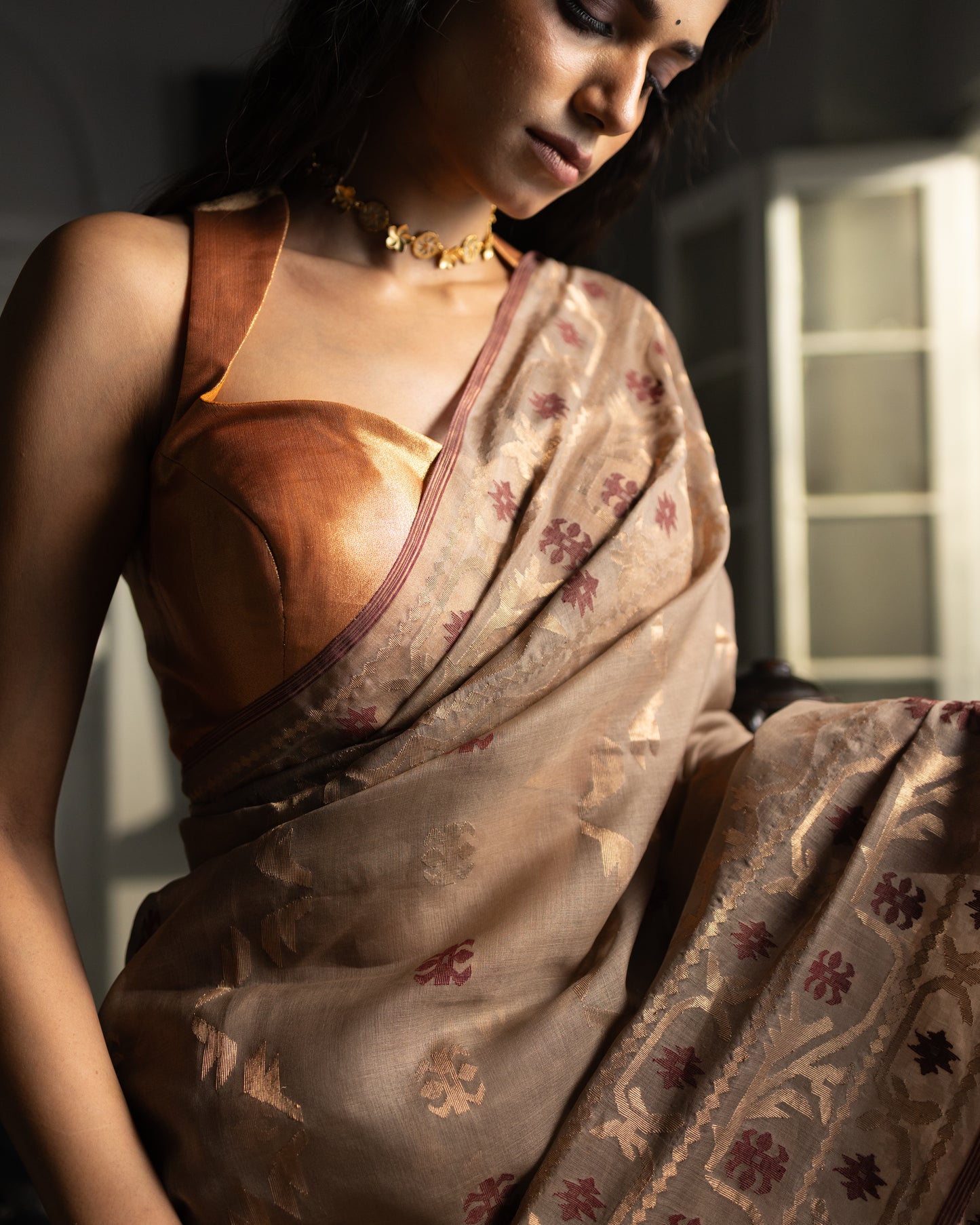 Beige Pure Organza Traditional Jamdani Saree