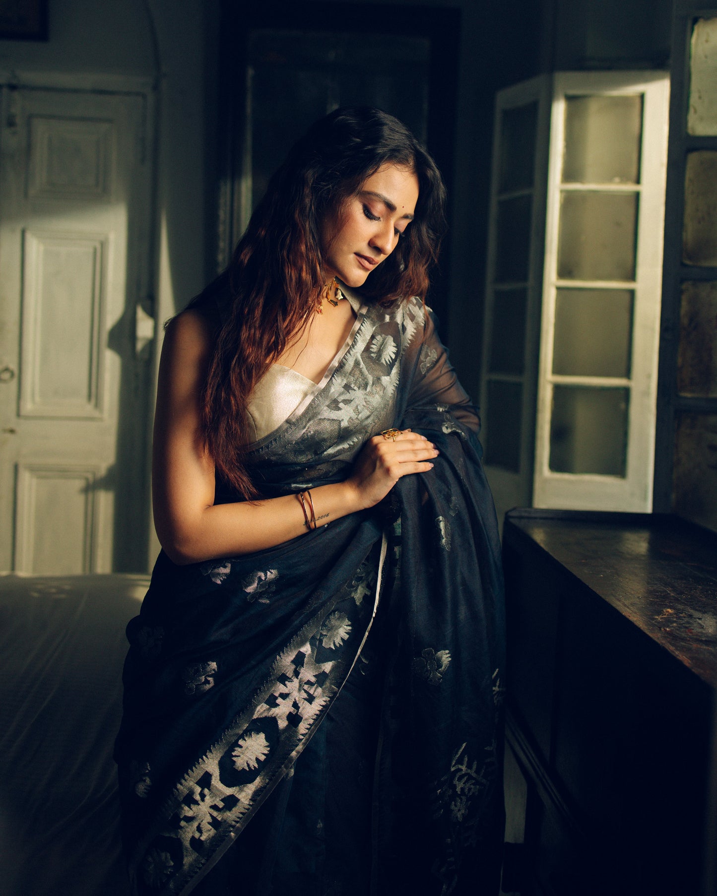 Blue Pure Organza Traditional Jamdani Saree