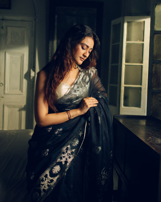 Blue Pure Organza Traditional Jamdani Saree