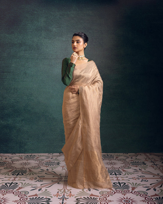 Golden Pure Linen Tissue Handloom Saree