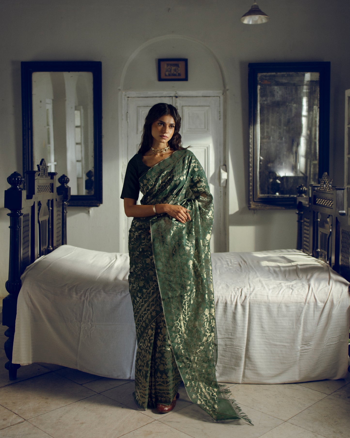 Green Pure Organza Silk Traditional Jamdani Saree