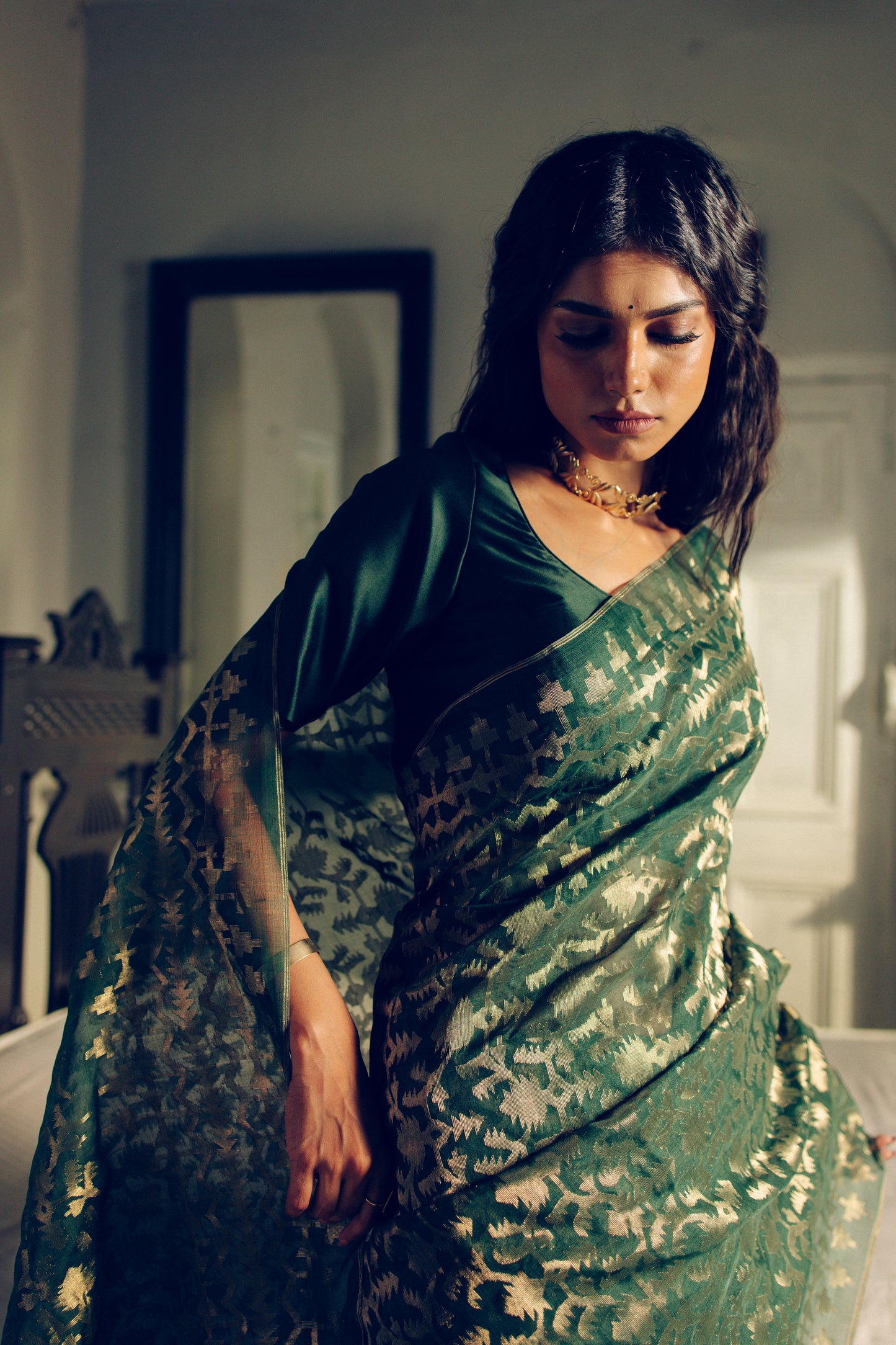 Green Pure Organza Silk Traditional Jamdani Saree