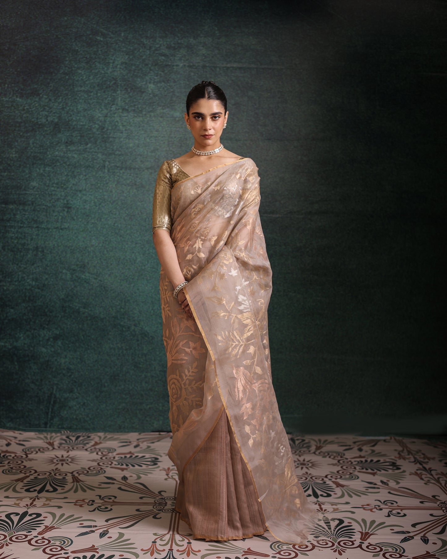 Brown Pure Organza Silk Jamdani Handloom Saree