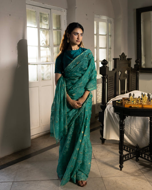 Green Pure Organza Silk Traditional Jamdani Saree