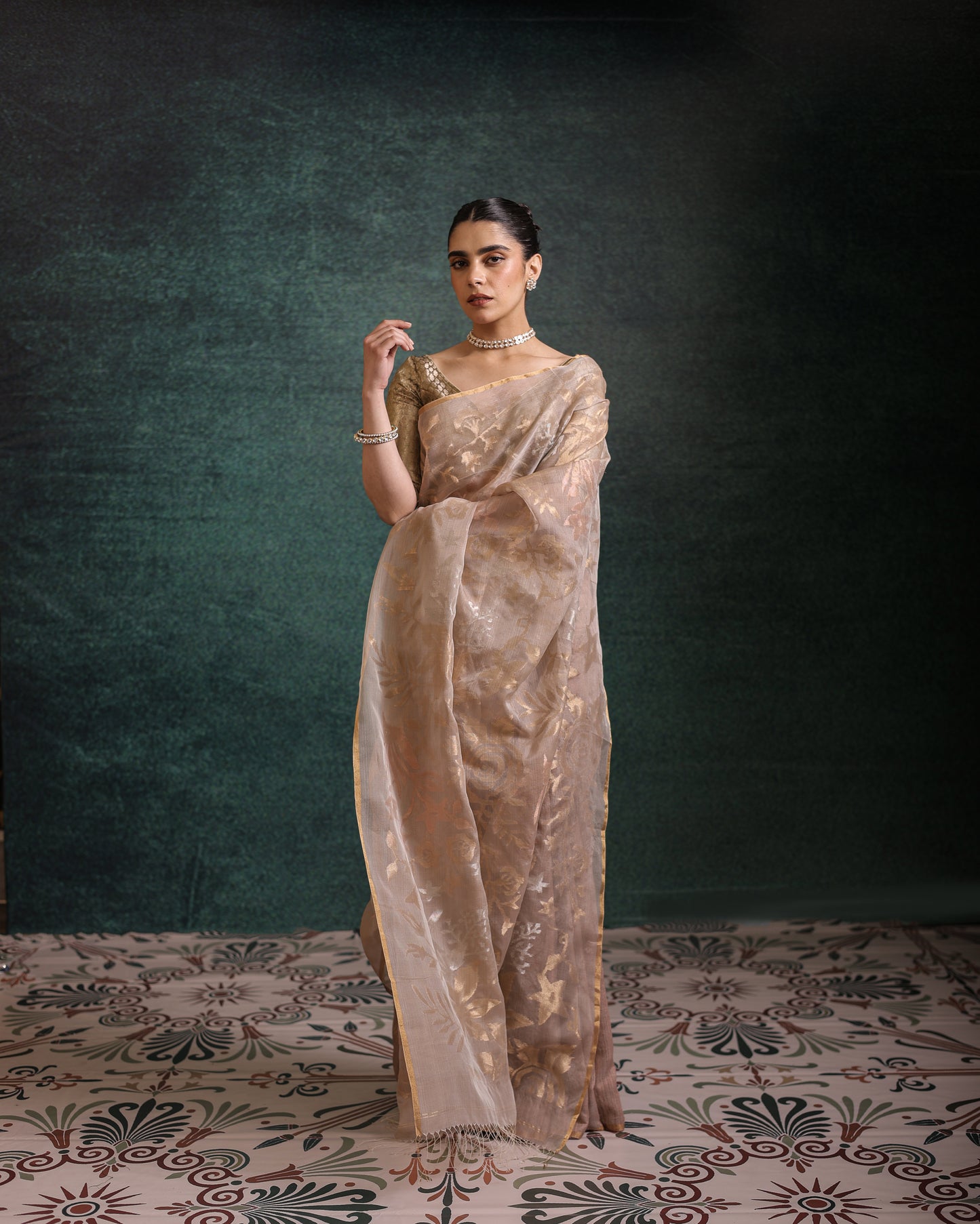 Brown Pure Organza Silk Jamdani Handloom Saree
