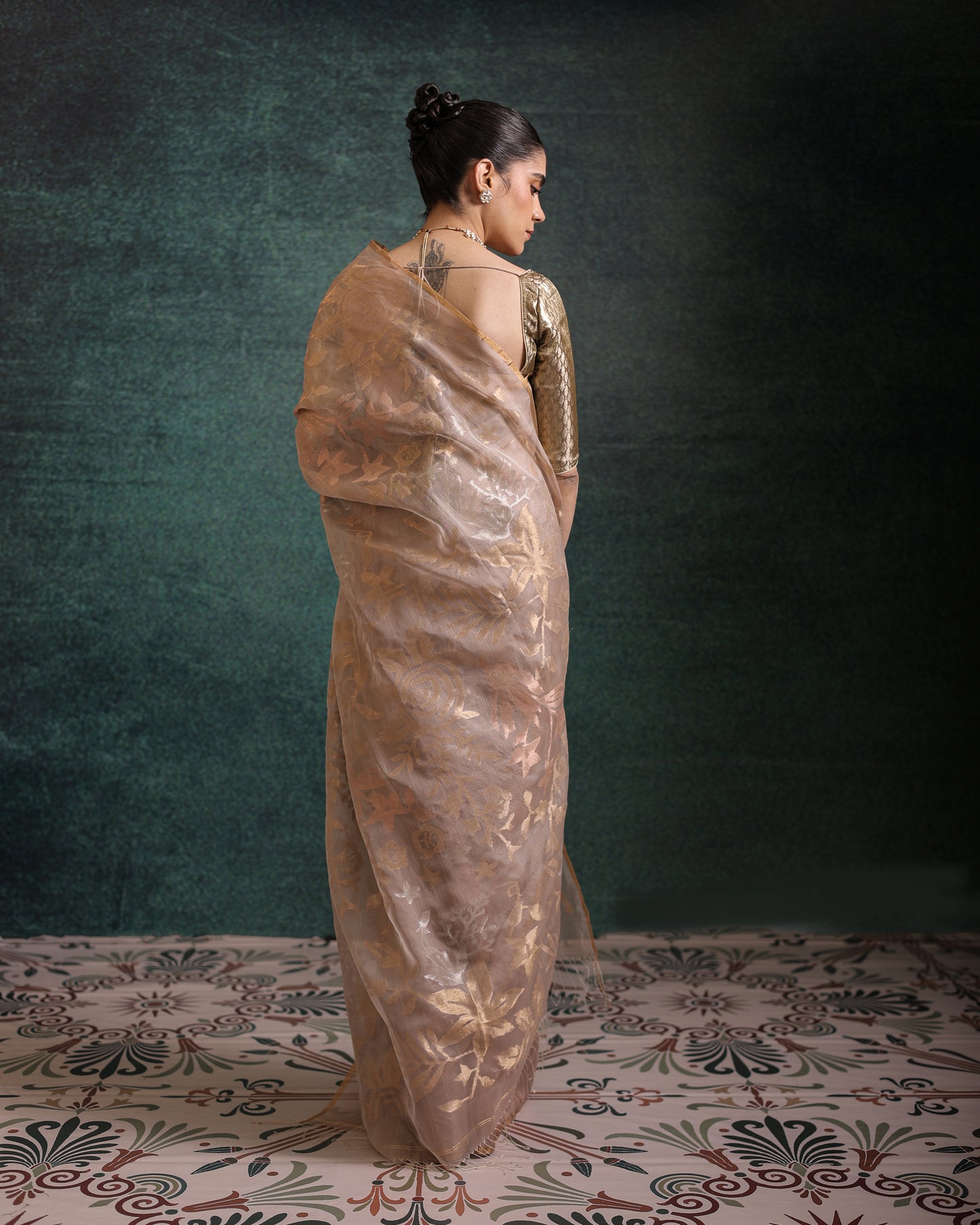 Brown Pure Organza Silk Jamdani Handloom Saree