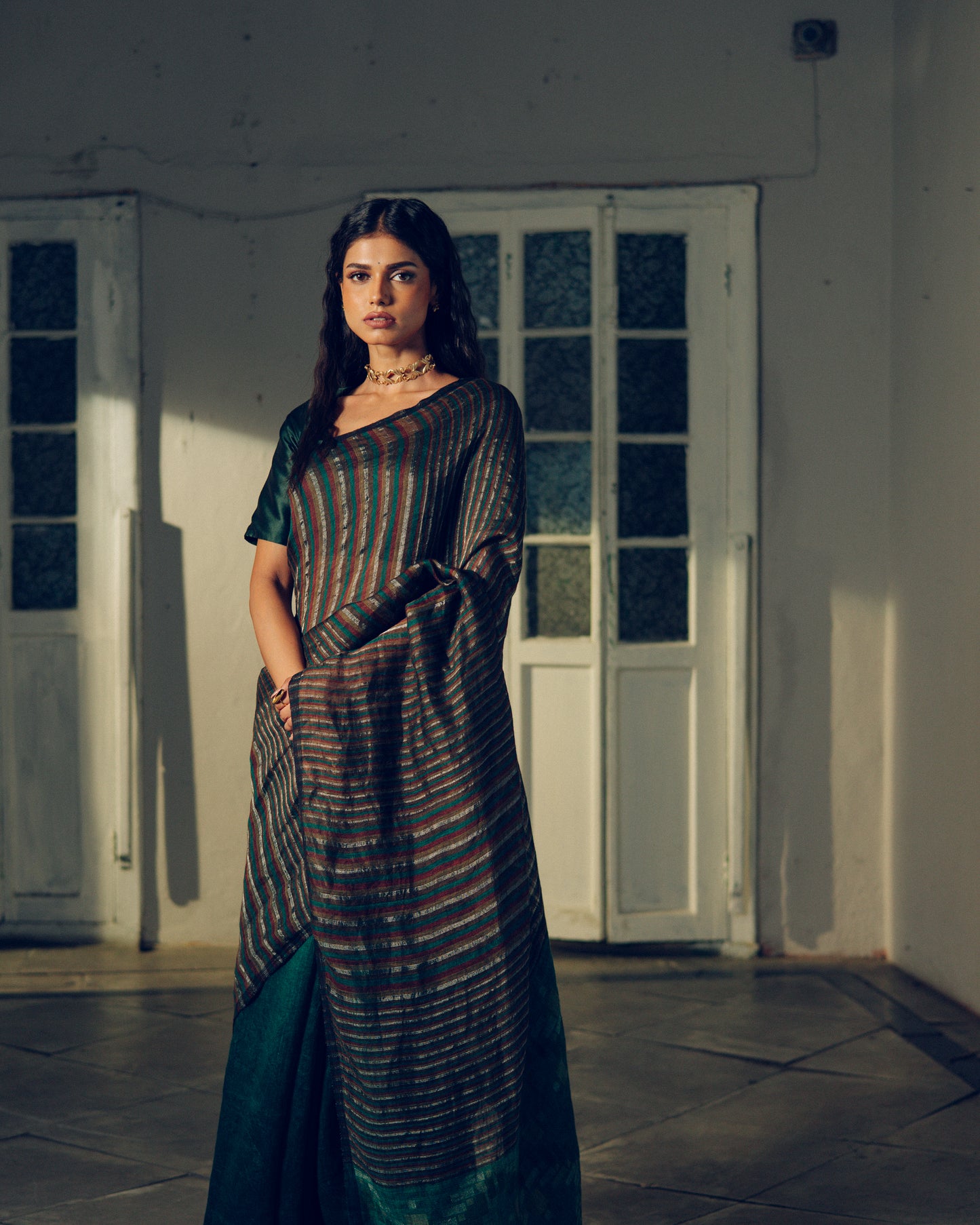 Teal Green Pure Linen Jamdani Handloom Saree