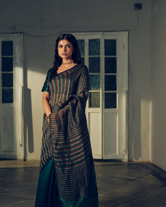 Teal Green Pure Linen Jamdani Handloom Saree