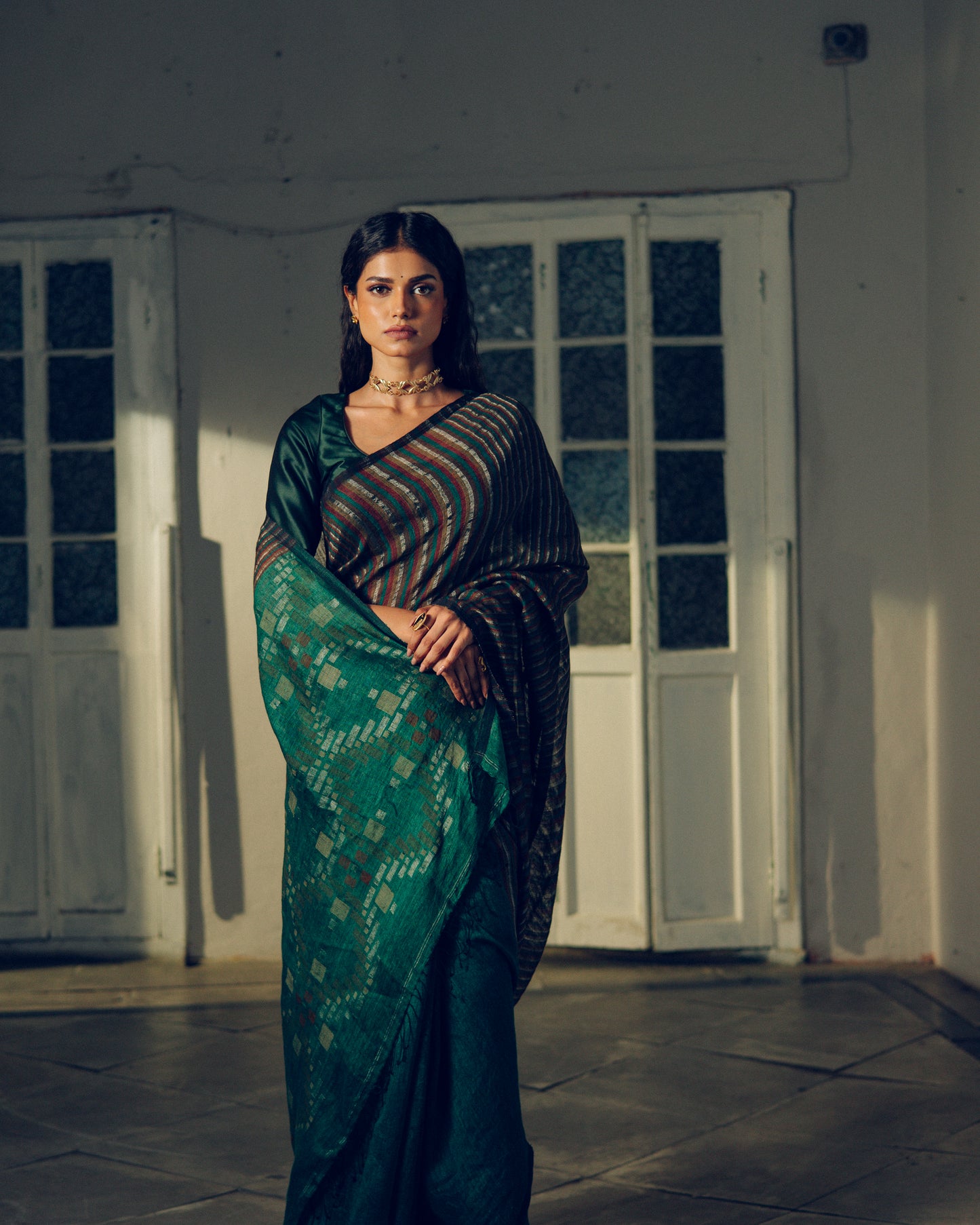 Teal Green Pure Linen Jamdani Handloom Saree