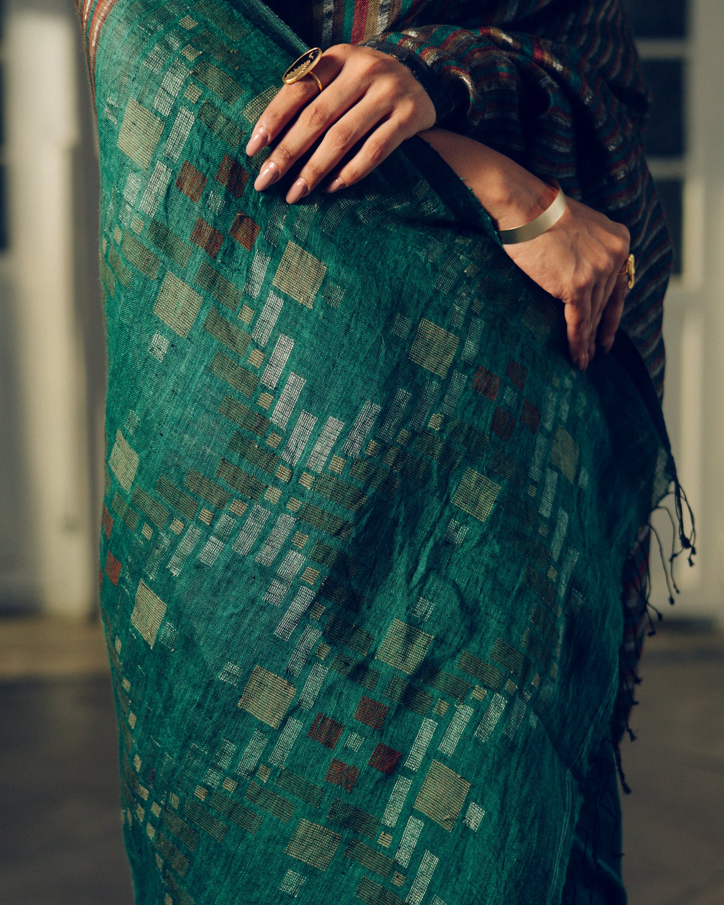 Teal Green Pure Linen Jamdani Handloom Saree