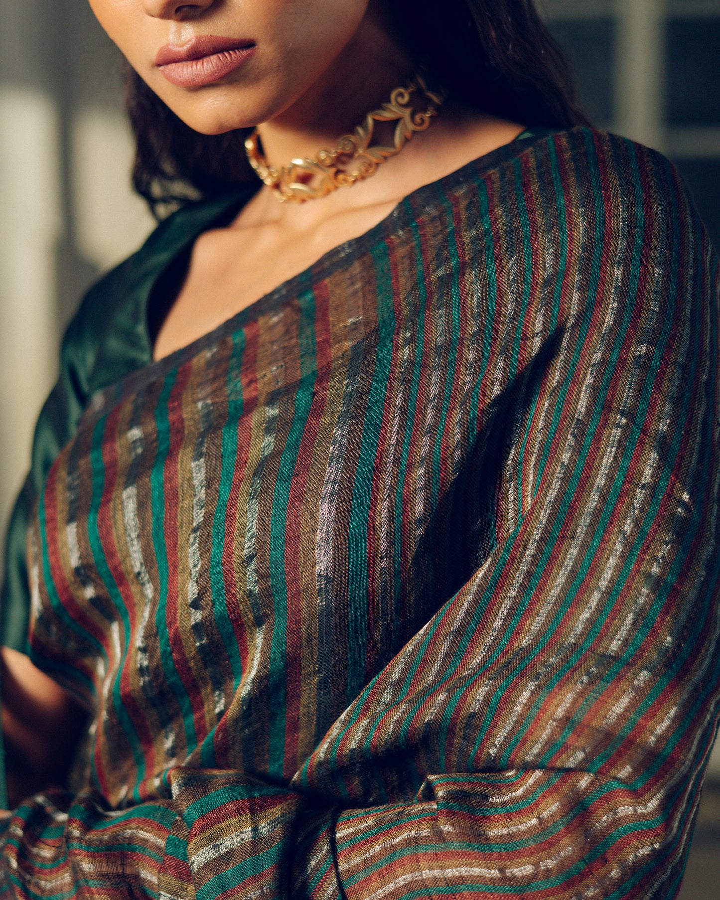 Teal Green Pure Linen Jamdani Handloom Saree
