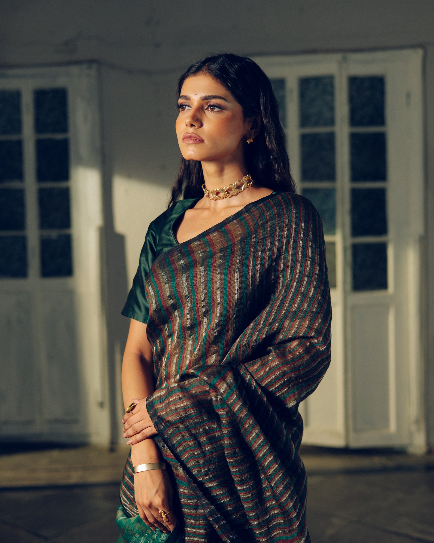 Teal Green Pure Linen Jamdani Handloom Saree