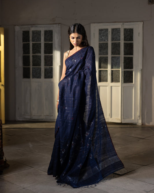 Blue Pure Matka Silk Jamdani Handloom Saree