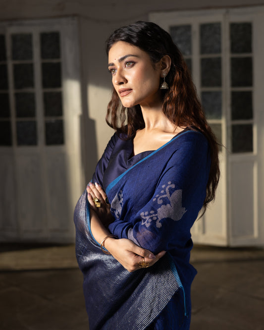 Indigo Pure Linen Jamdani Handloom saree