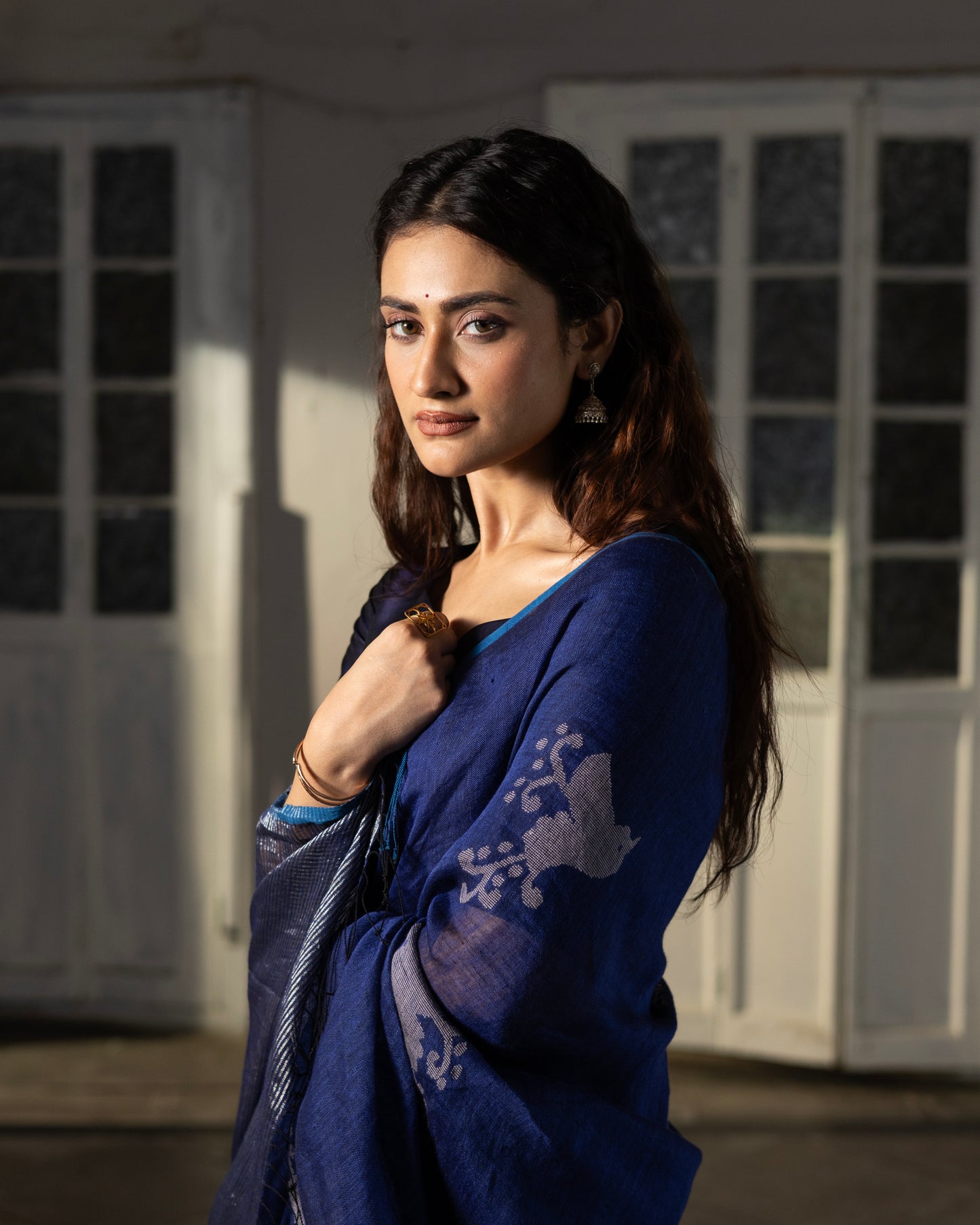 Indigo Pure Linen Jamdani Handloom saree