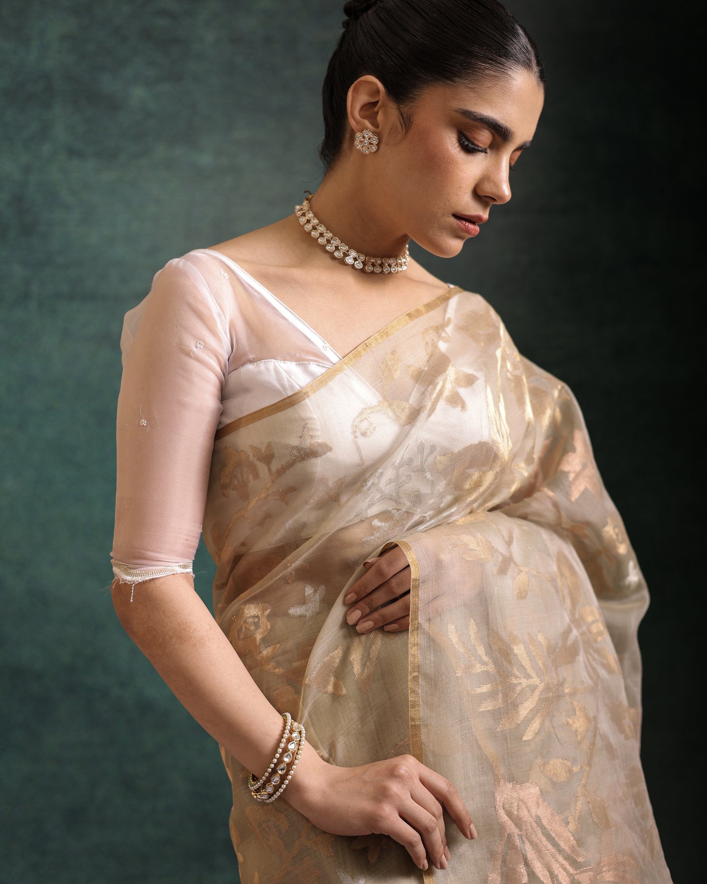 Green Pure Organza Silk Jamdani Handloom Saree
