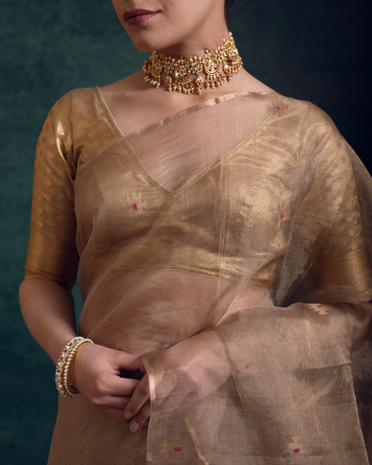 Golden Pure Organza Tissue Silk Jamdani Handloom Saree