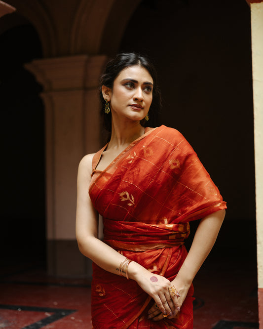 Orange Pure Organza Silk Jamdani Handloom Saree