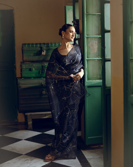 Blue Pure Organza Silk Jamdani Handloom Saree