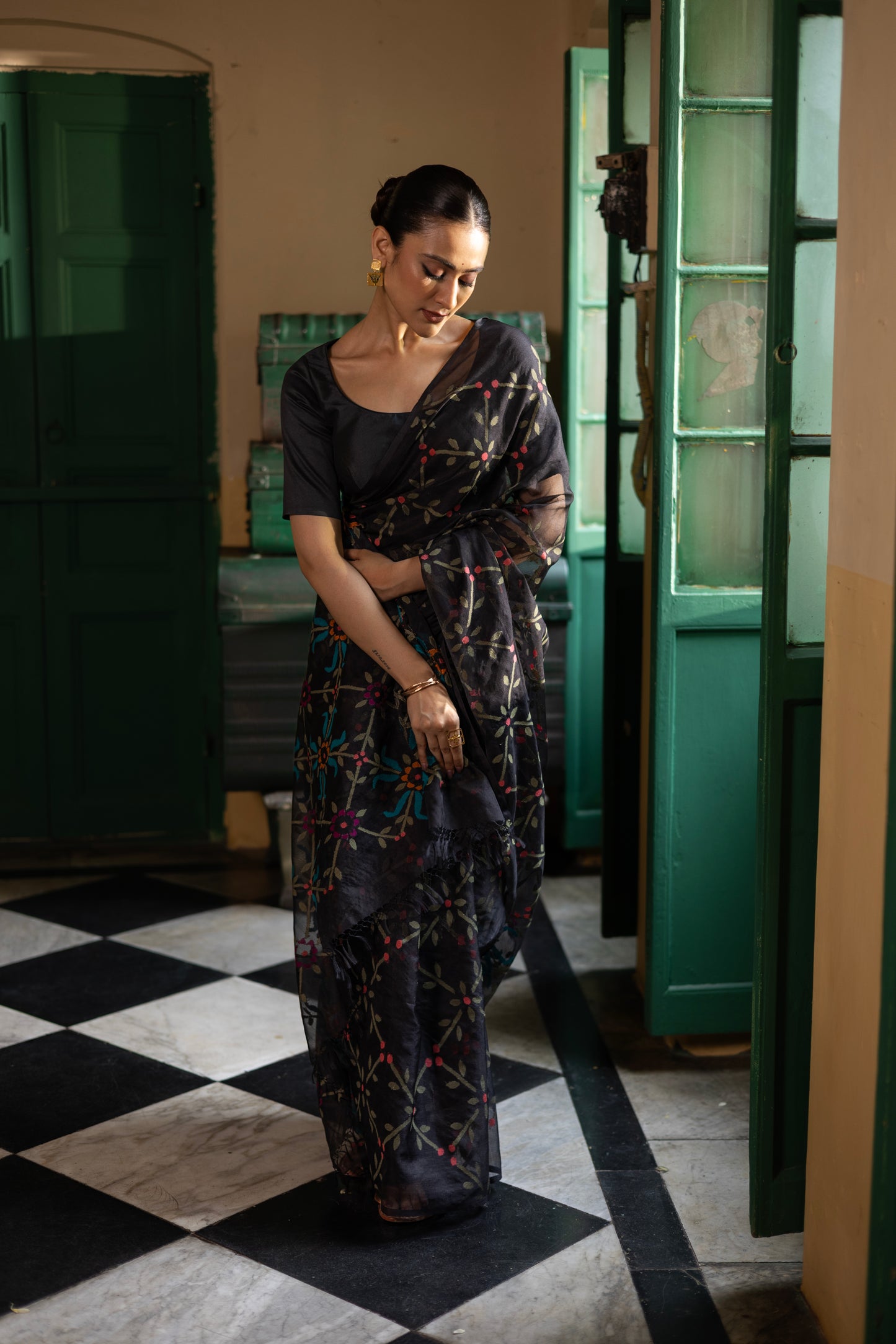 Black Pure Organza Silk Jamdani Handloom Saree