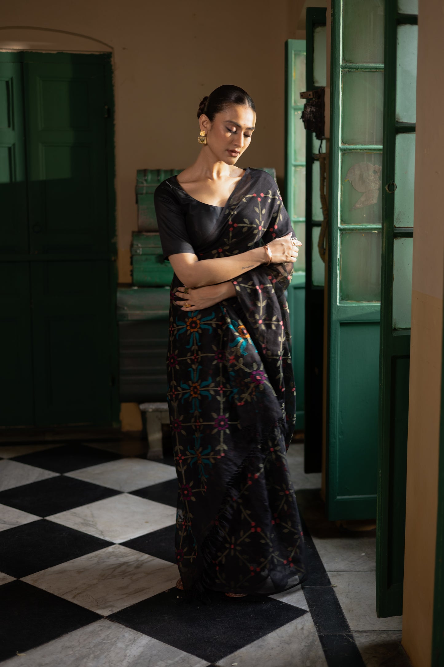 Black Pure Organza Silk Jamdani Handloom Saree