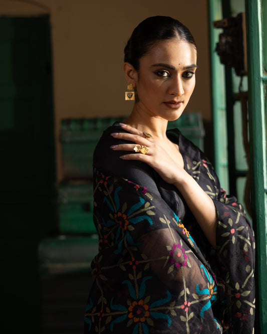 Black Pure Organza Silk Jamdani Handloom Saree