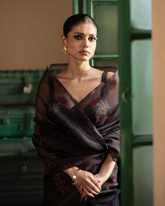 Brown Pure Organza Silk Jamdani Handloom Saree
