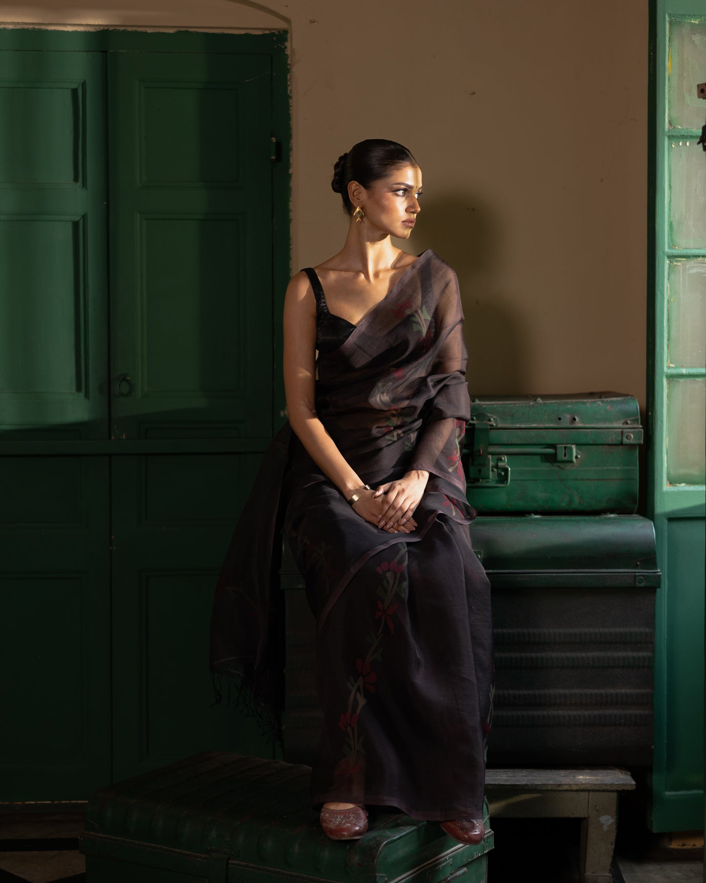 Brown Pure Organza Silk Jamdani Handloom Saree