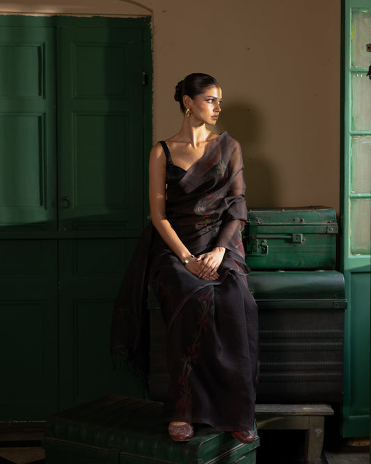 Brown Pure Organza Silk Jamdani Handloom Saree