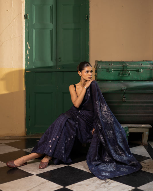 Indigo Pure Matka Silk Jamdani Handloom Saree