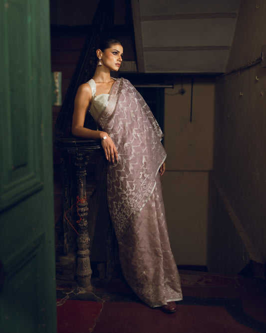 Lilac Pure Organza Traditional Jamdani Handloom Saree