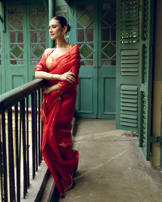 Red Pure Organza Jamdani Handloom Saree
