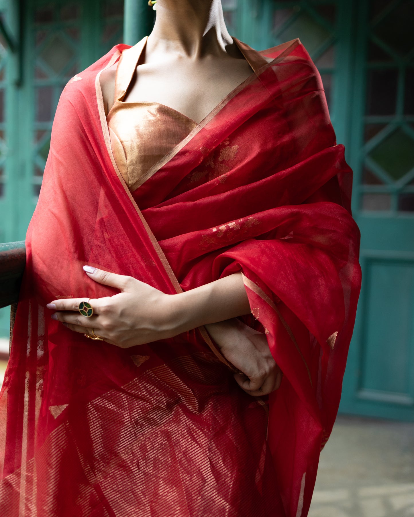 Red Pure Organza Jamdani Handloom Saree