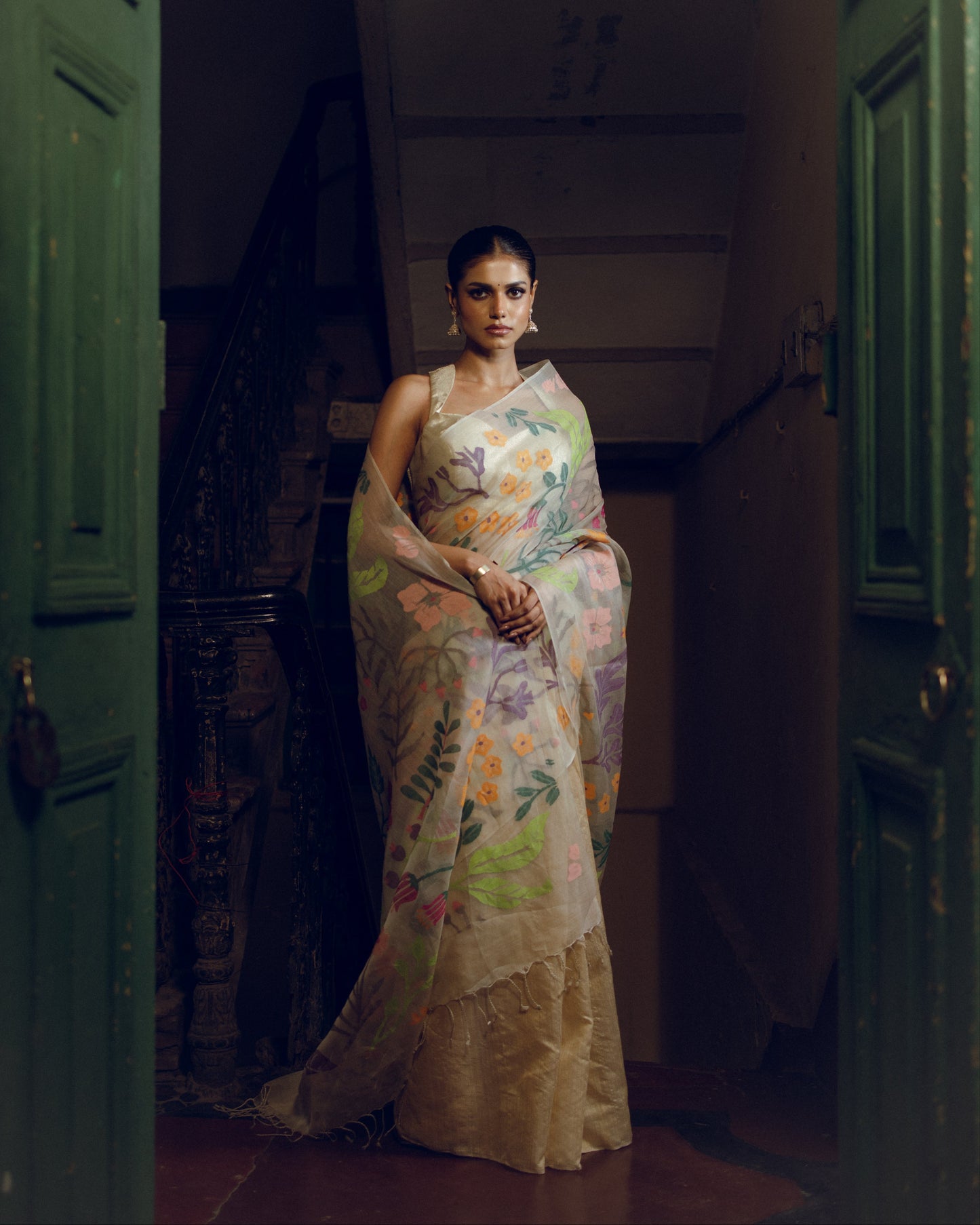 Beige Pure Organza & Matka Silk Jamdani Handloom Saree