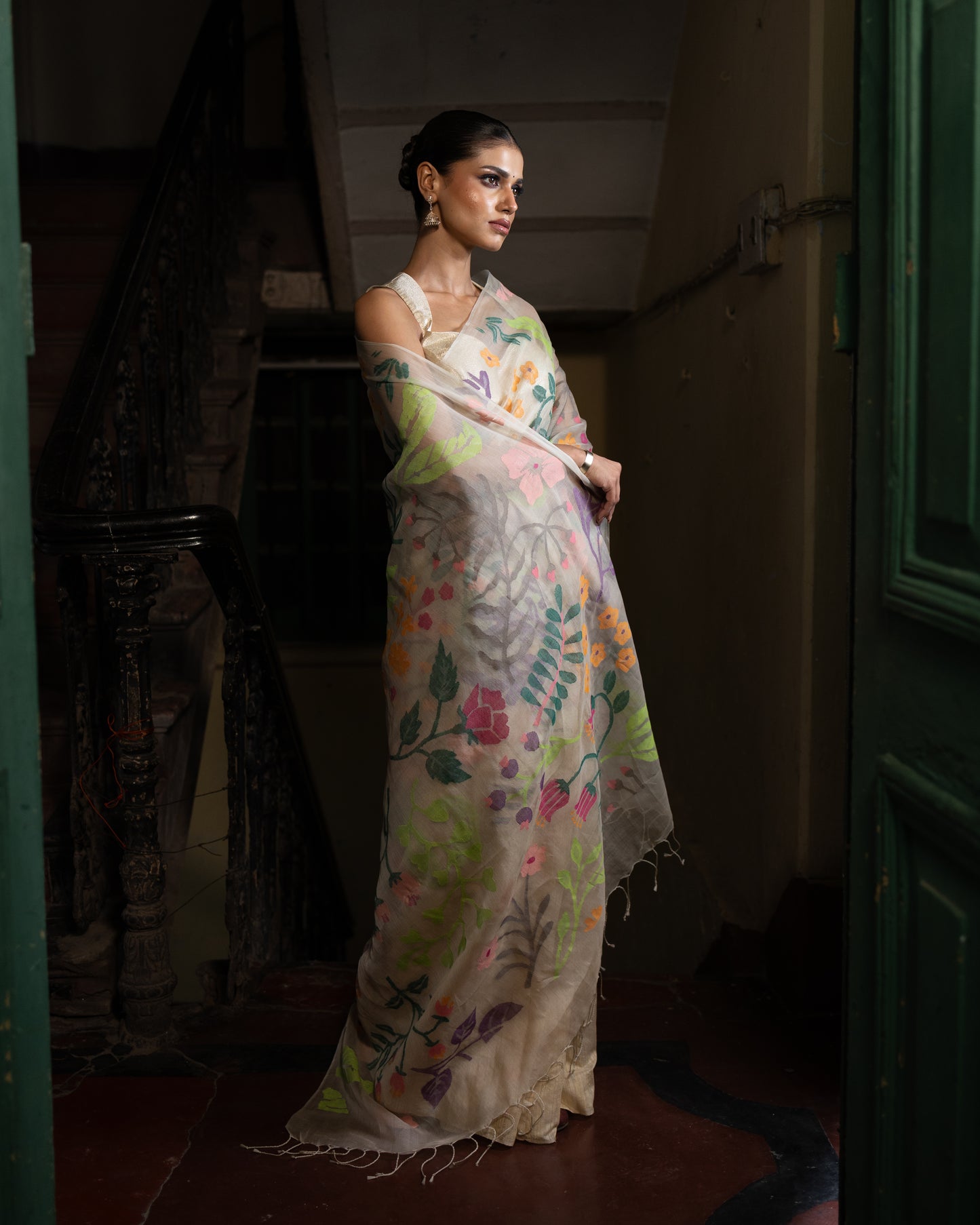 Beige Pure Organza & Matka Silk Jamdani Handloom Saree