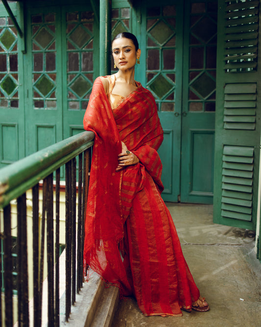 Red Pure Linen Jamdani Handloom Saree