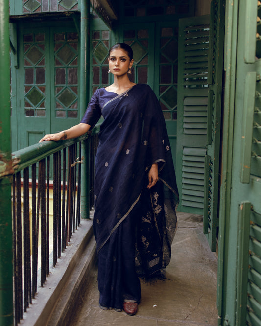 Indigo Pure Linen Jamdani Handloom Saree