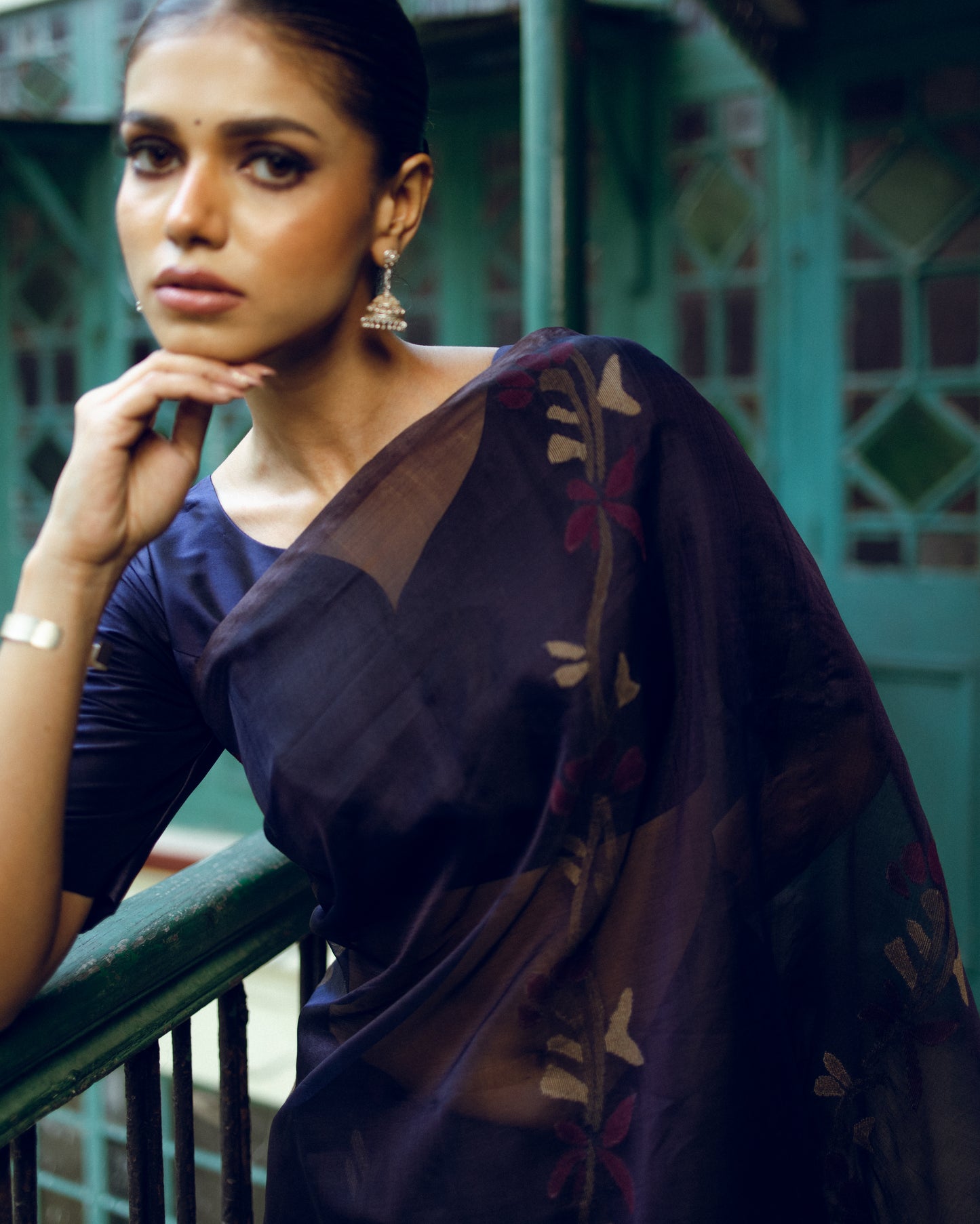 Indigo Pure Organza Silk Jamdani Handloom Saree