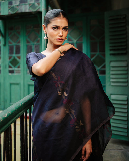 Indigo Pure Organza Silk Jamdani Handloom Saree