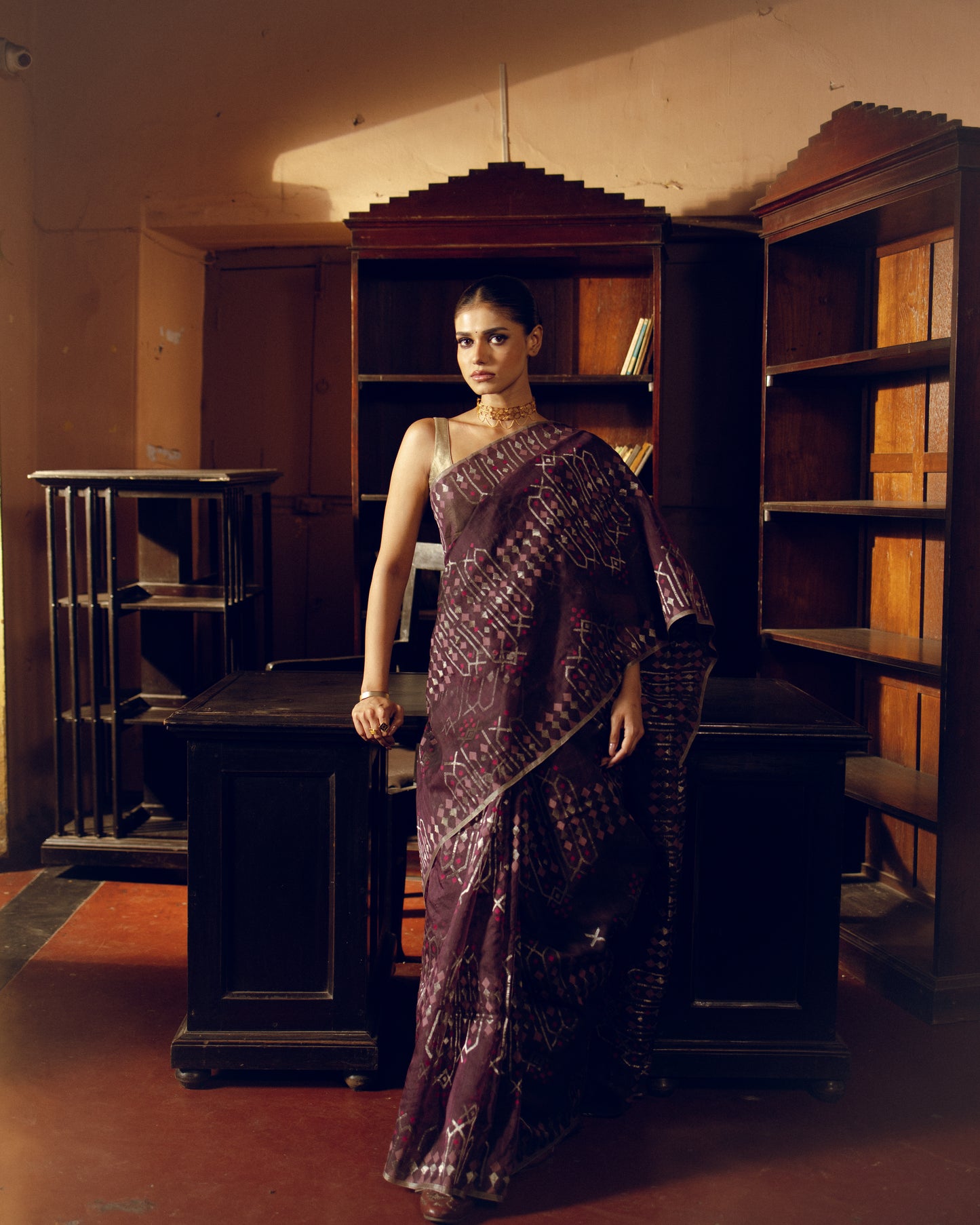 Plum Pure Organza Silk Jamdani Handloom Saree