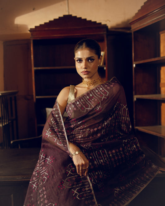 Plum Pure Organza Silk Jamdani Handloom Saree