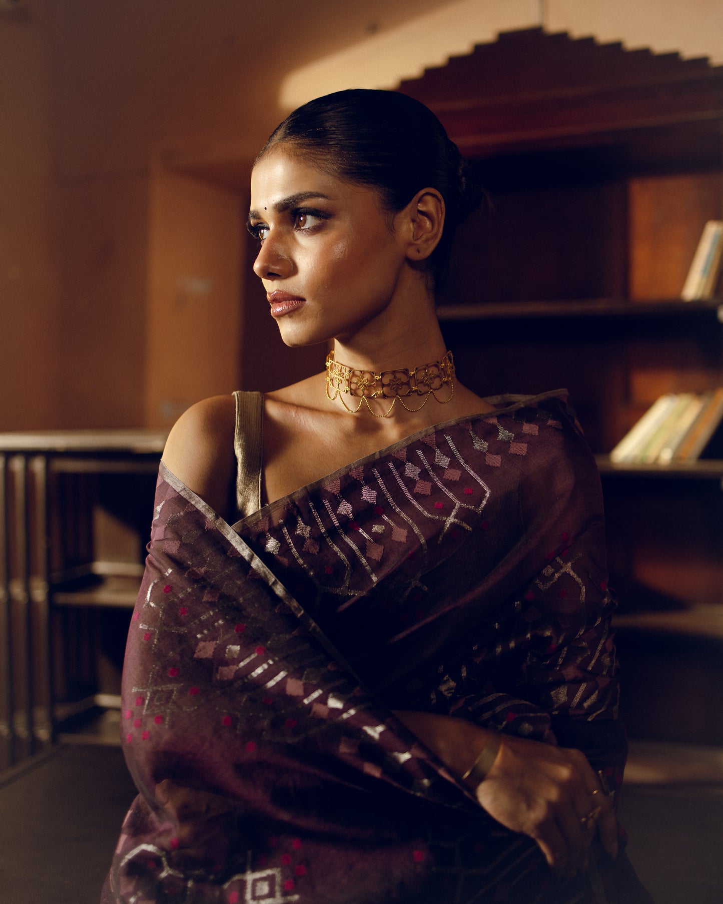 Plum Pure Organza Silk Jamdani Handloom Saree