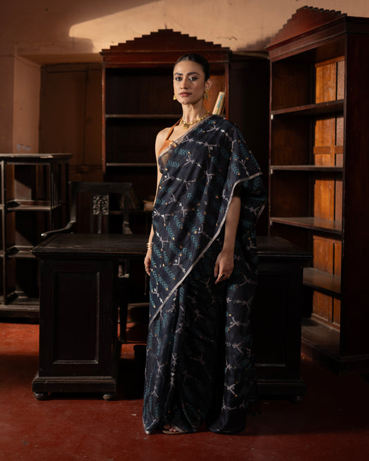 Blue Pure Organza Silk Jamdani  Handloom Saree