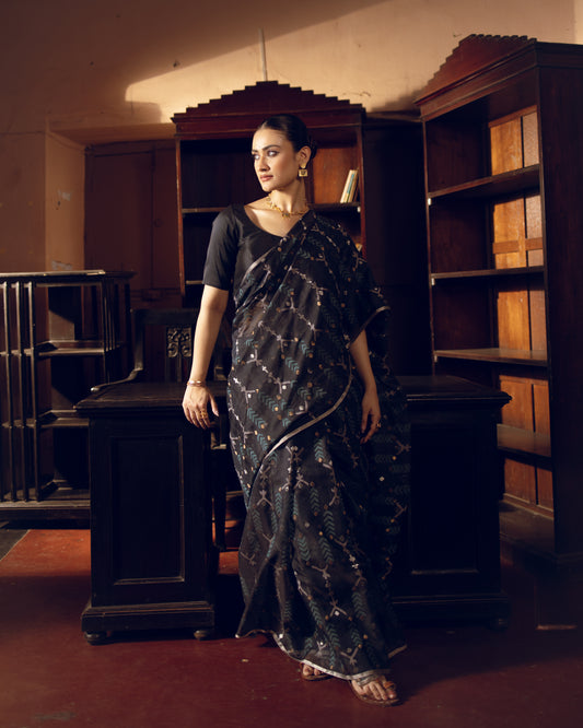 Blue Pure Organza Silk Jamdani  Handloom Saree
