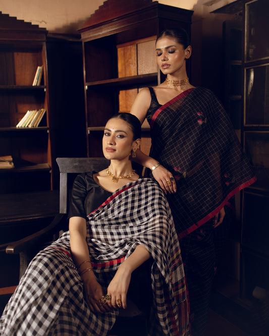 Black & White Pure Linen Handloom Saree